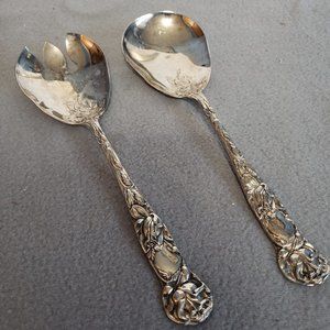 Vintage W.A. Italy Silverplate Bridal Rose Salad Server Set Fork & Spoon